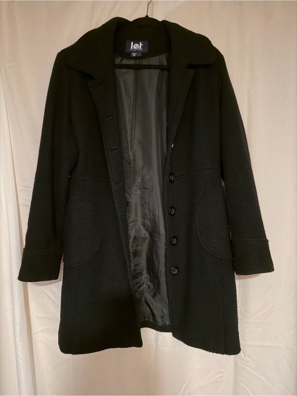 lei Black Textured Button Pea Coat with Patch Pockets